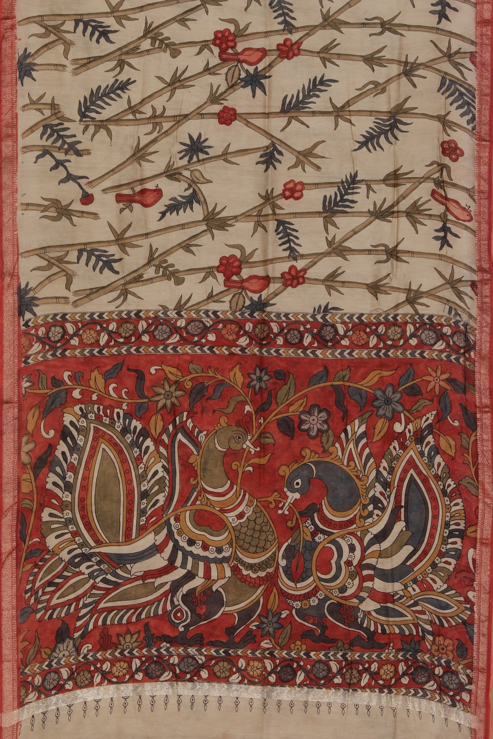 Image of Kalamkari Hand-Painted Beige Saree